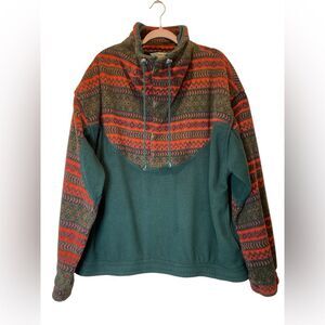 EMS Vintage 90s Geometric Fleece Cozy Green and Red Patterned Pullover Size XL
